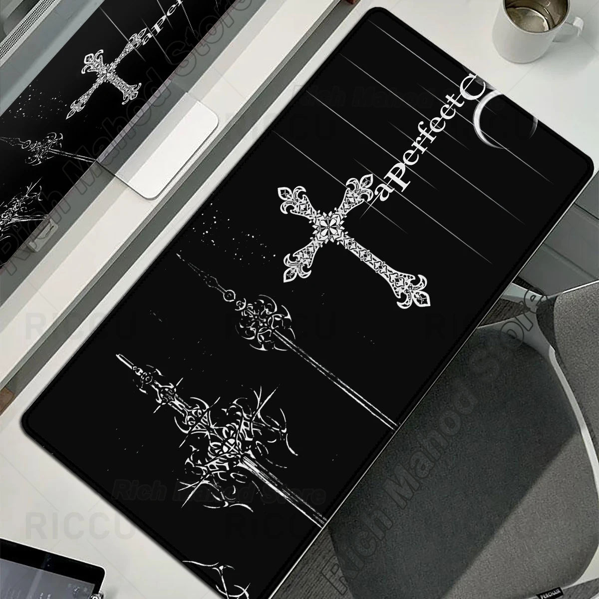 Cybersigilism Deskmat | Gothic Sword · XXL Mousepad · Black & White