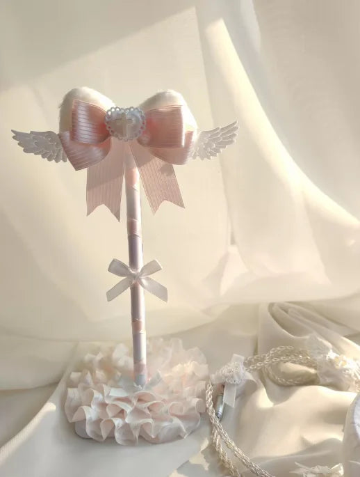Angel Wings Headphone Stand | Pink Lace Bow · Kawaii Desktop Decoration · Gaming Headset Holder