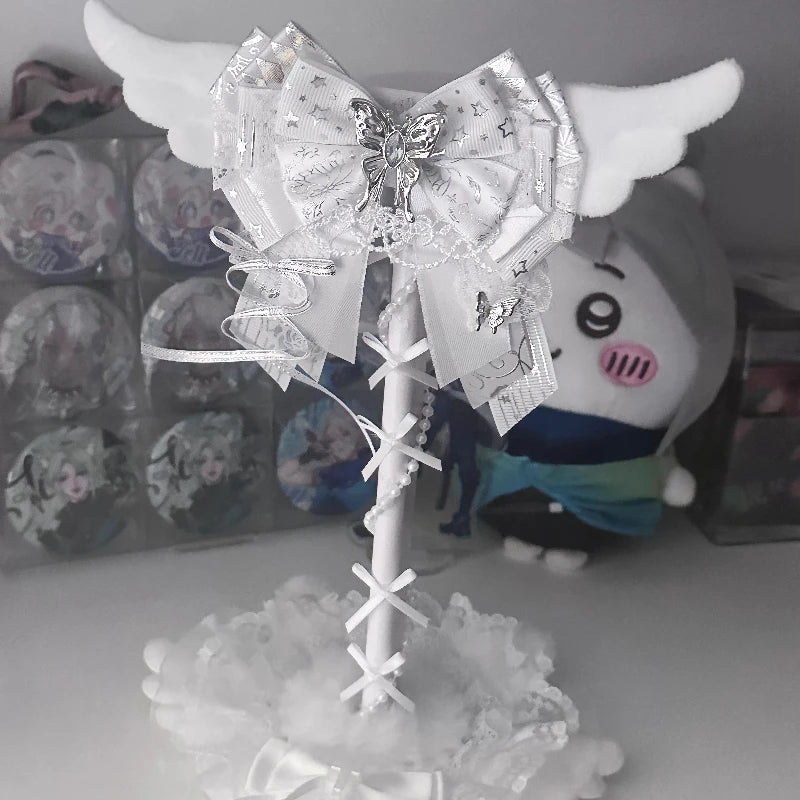 Angel Wings Headphone Stand | Pink Lace Bow · Kawaii Desktop Decoration · Gaming Headset Holder