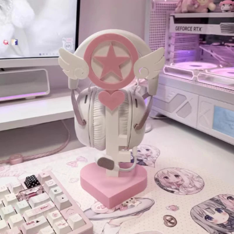 Angel Wings Headphone Stand | Pink Lace Bow · Kawaii Desktop Decoration · Gaming Headset Holder