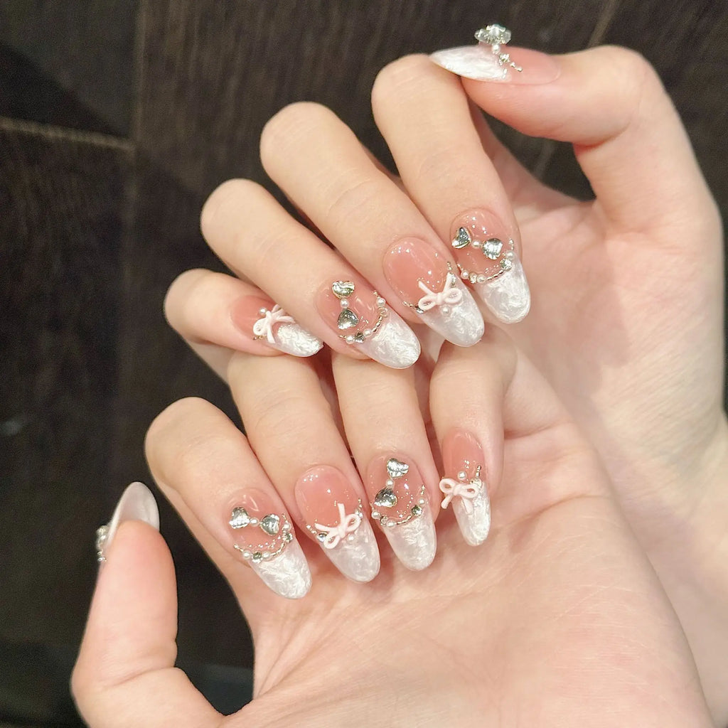 Handmade Press-On Nails | French Cat Eye · Pink Bow · Almond Tips