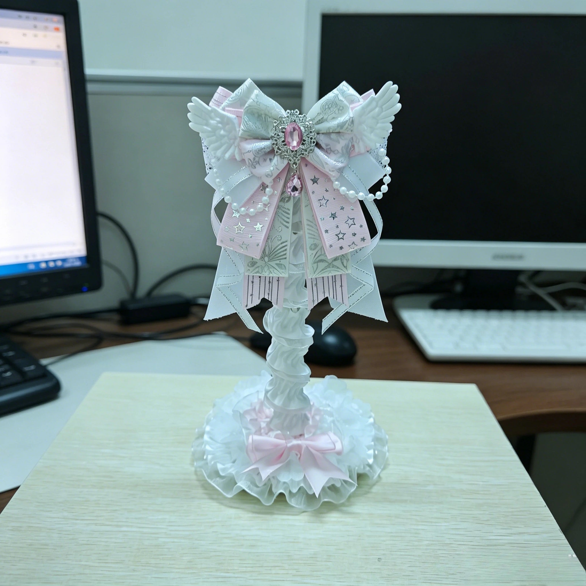 Angel Wings Headphone Stand | Pink Lace Bow · Kawaii Desktop Decoration · Gaming Headset Holder