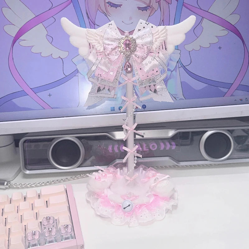 Angel Wings Headphone Stand | Pink Lace Bow · Kawaii Desktop Decoration · Gaming Headset Holder