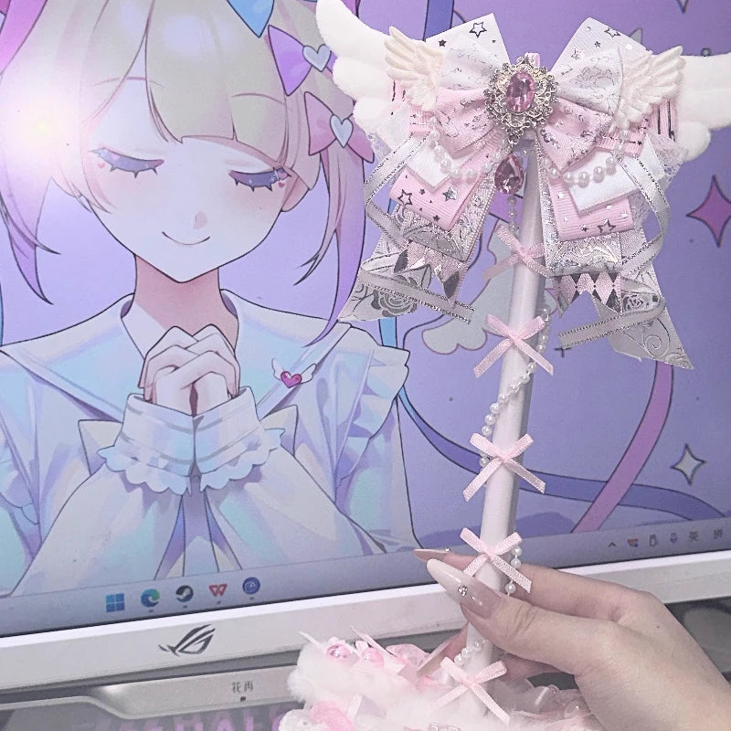Angel Wings Headphone Stand | Pink Lace Bow · Kawaii Desktop Decoration · Gaming Headset Holder