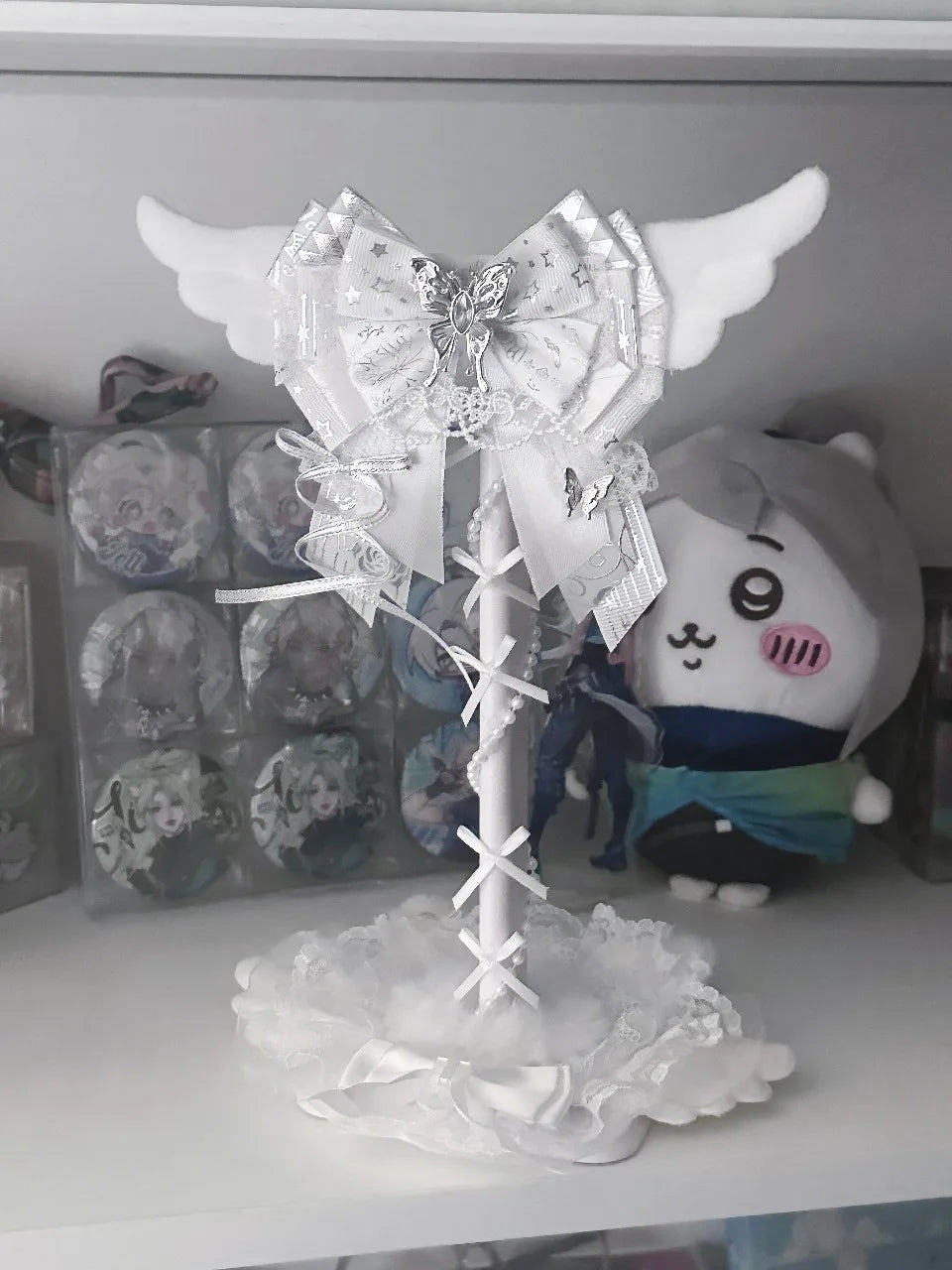 Angel Wings Headphone Stand | Pink Lace Bow · Kawaii Desktop Decoration · Gaming Headset Holder
