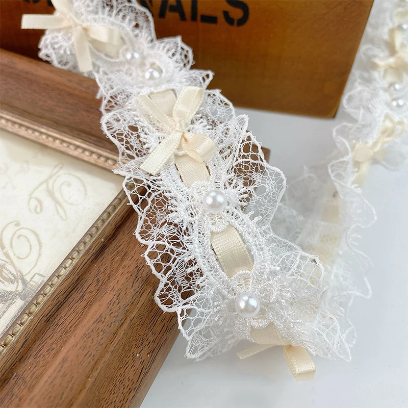 Pearl Bead Bow Ruffled Lace Ribbons
