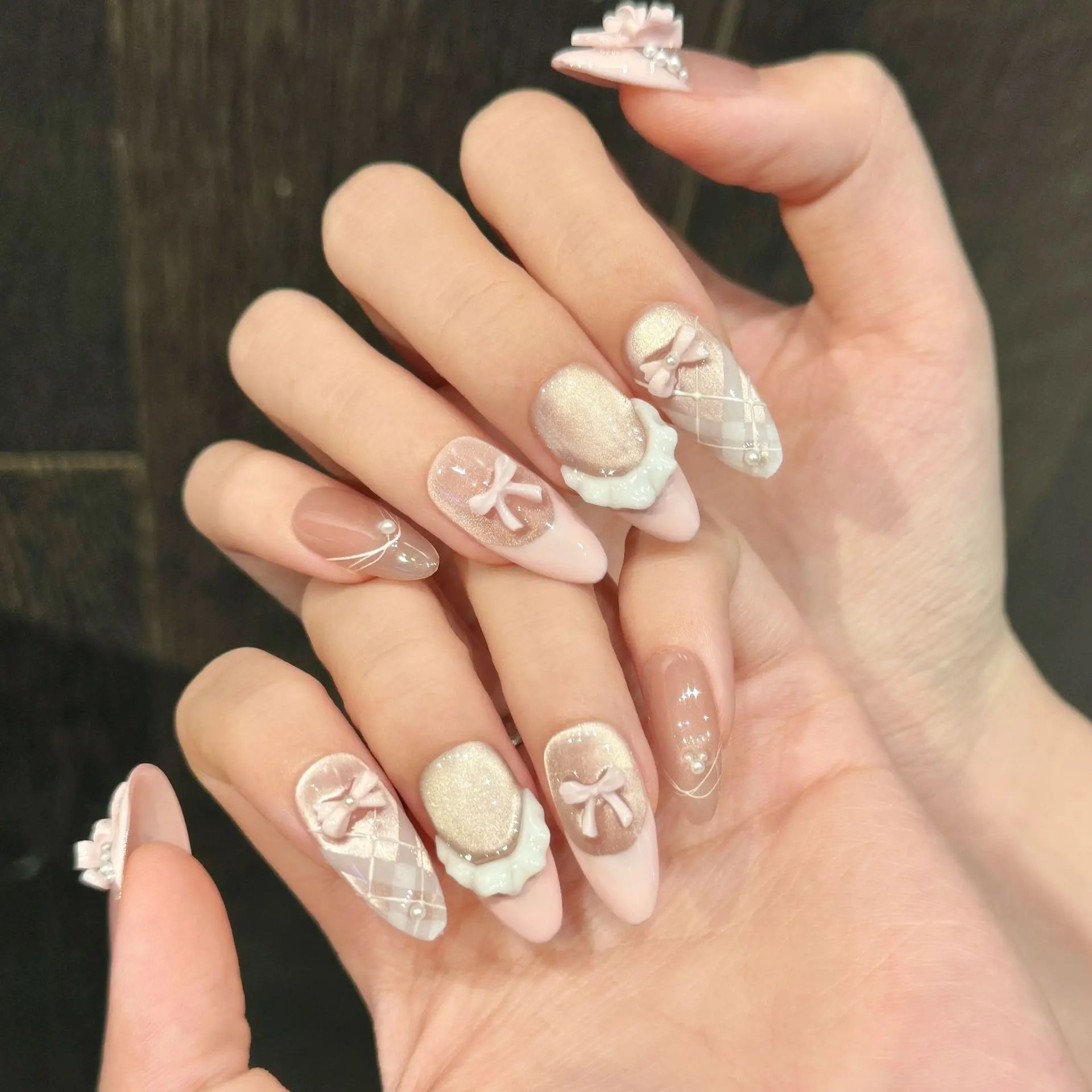 Handmade Press-On Nails | French Cat Eye · Pink Bow · Almond Tips