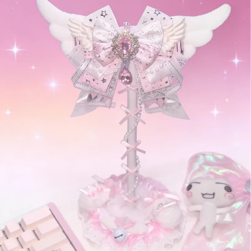 Angel Wings Headphone Stand | Pink Lace Bow · Kawaii Desktop Decoration · Gaming Headset Holder