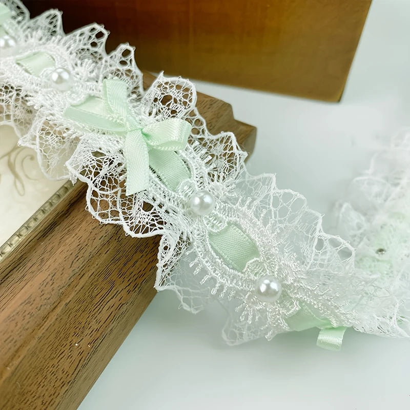 Pearl Bead Bow Ruffled Lace Ribbons