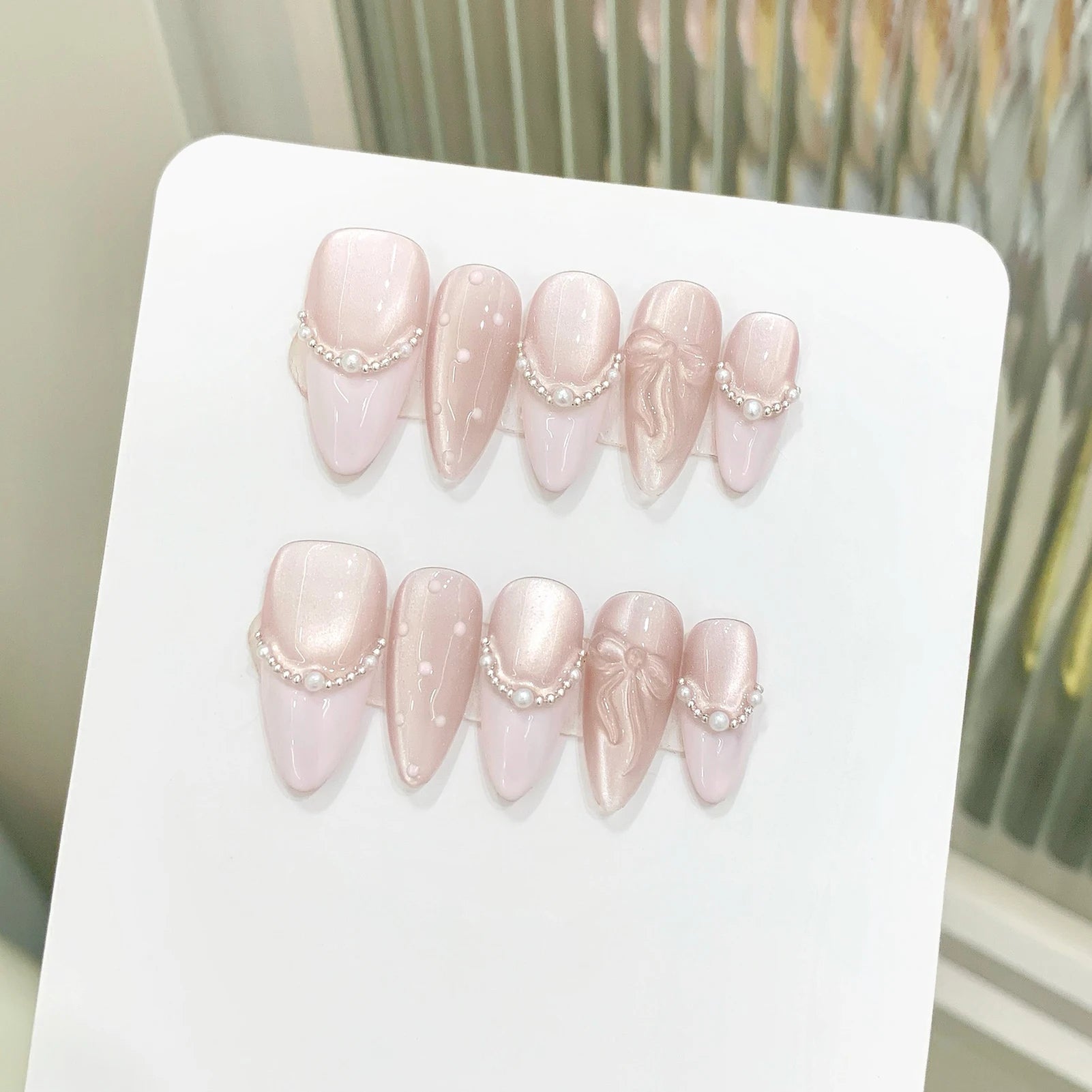 Handmade Press-On Nails | French Cat Eye · Pink Bow · Almond Tips