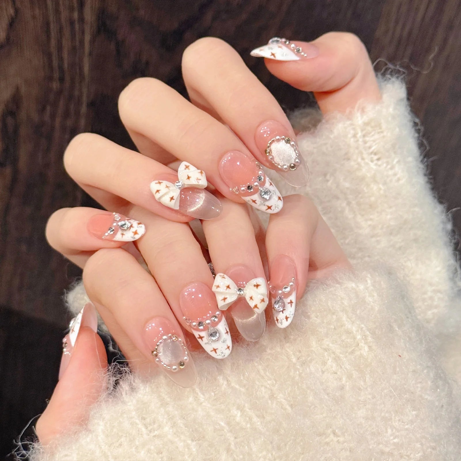 Handmade Press-On Nails | French Cat Eye · Pink Bow · Almond Tips