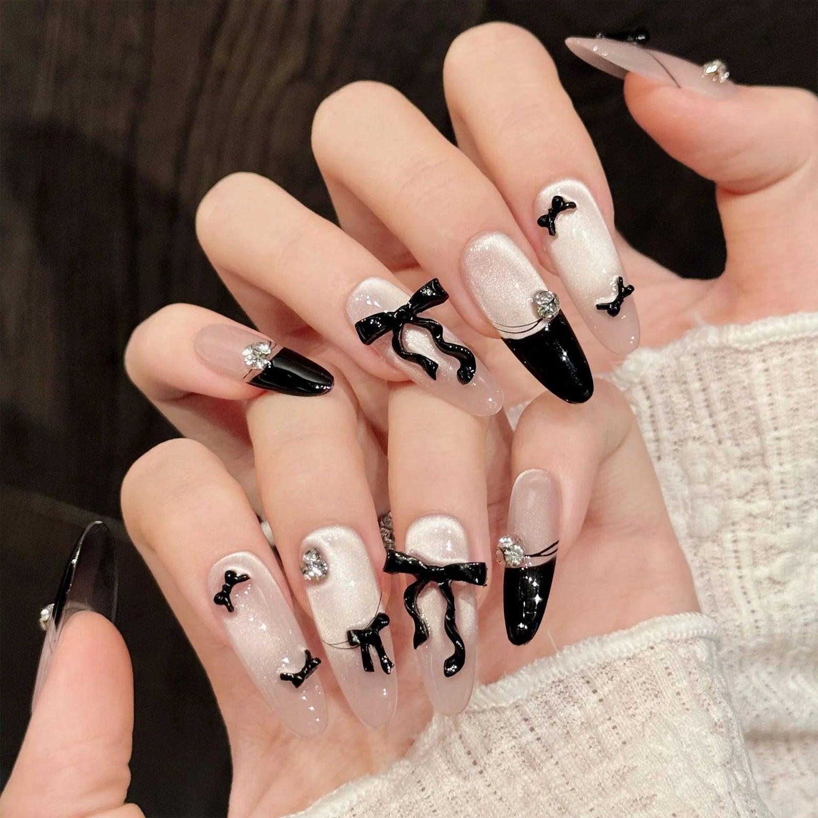 Handmade Press-On Nails | French Cat Eye · Pink Bow · Almond Tips