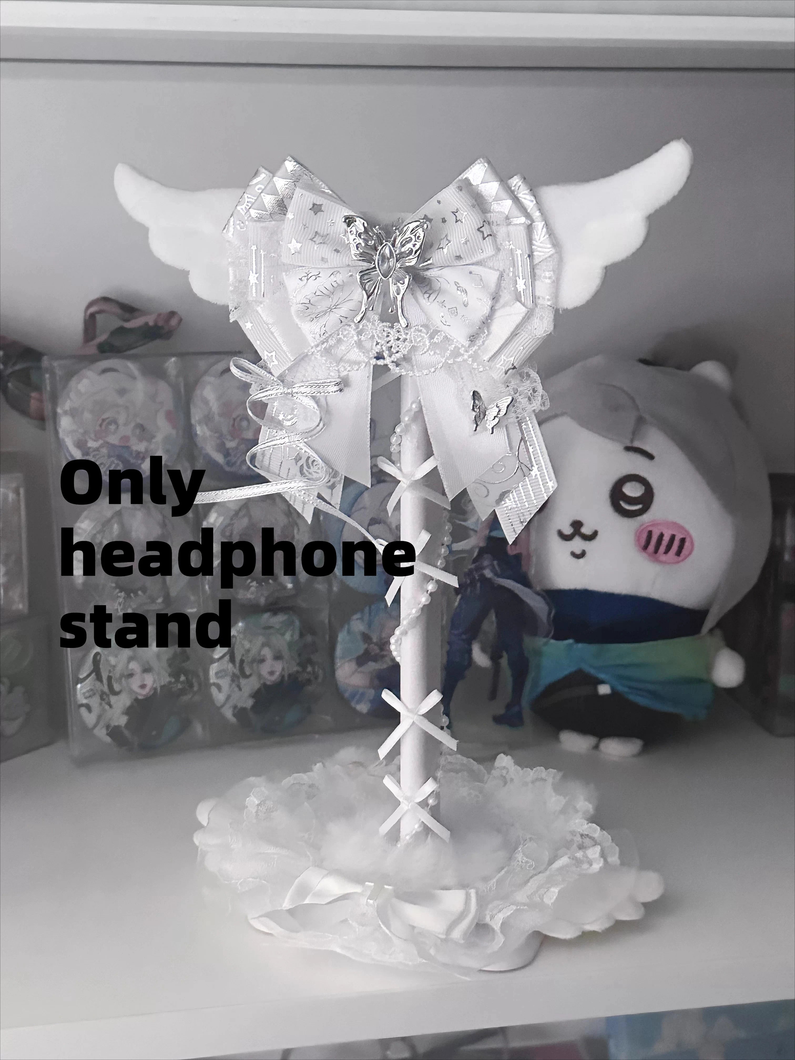 Angel Wings Headphone Stand | Pink Lace Bow · Kawaii Desktop Decoration · Gaming Headset Holder