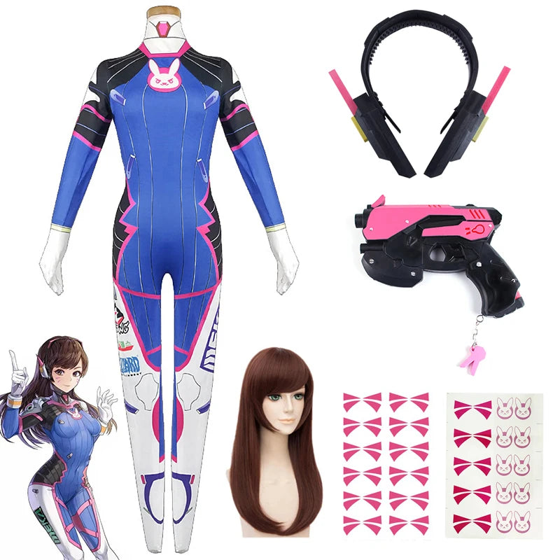 D.Va Cosplay Set | Jumpsuit · Wig · Headphones · Gun Props