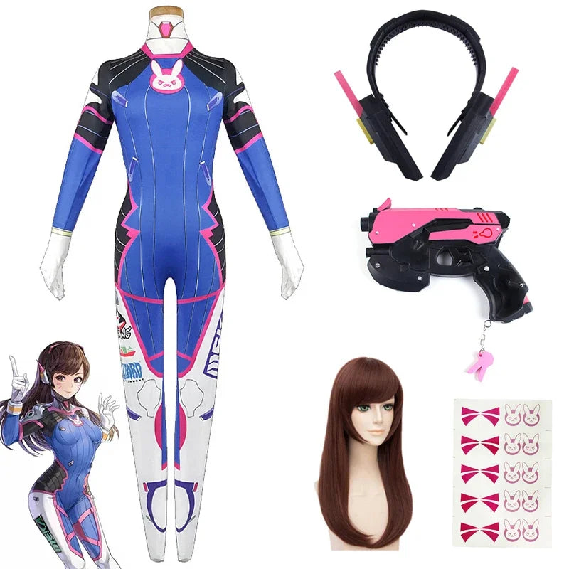 D.Va Cosplay Set | Jumpsuit · Wig · Headphones · Gun Props