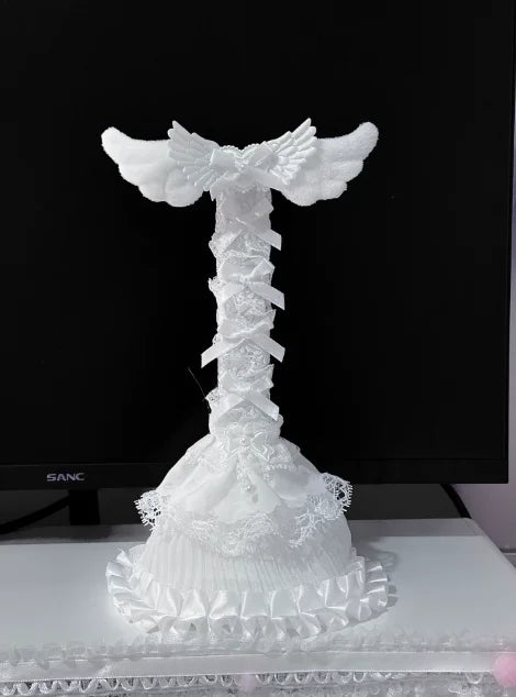 Angel Wings Headphone Stand | Pink Lace Bow · Kawaii Desktop Decoration · Gaming Headset Holder