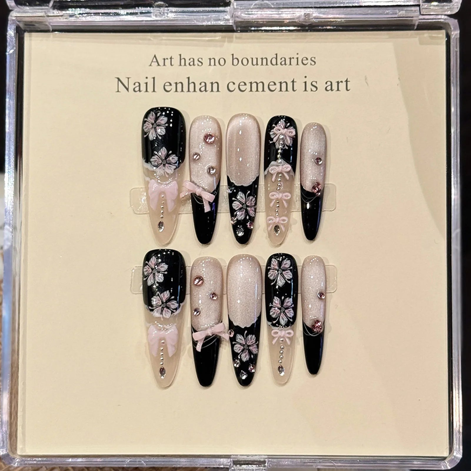 Handmade Press-On Nails | French Cat Eye · Pink Bow · Almond Tips