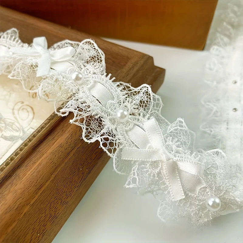 Pearl Bead Bow Ruffled Lace Ribbons
