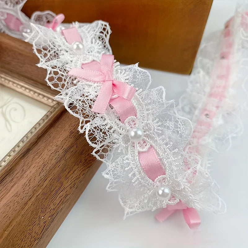 Pearl Bead Bow Ruffled Lace Ribbons