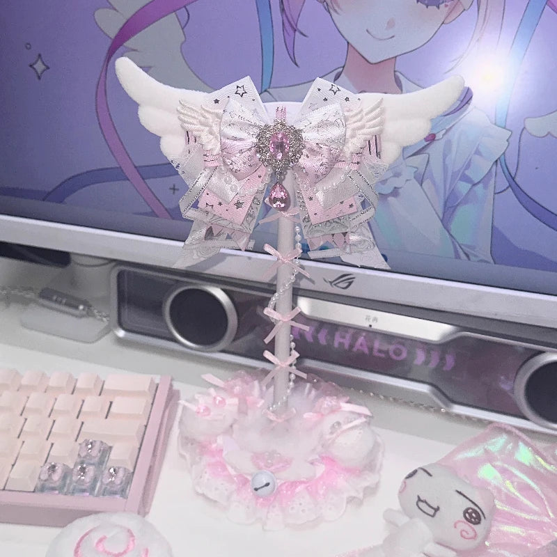 Angel Wings Headphone Stand | Pink Lace Bow · Kawaii Desktop Decoration · Gaming Headset Holder