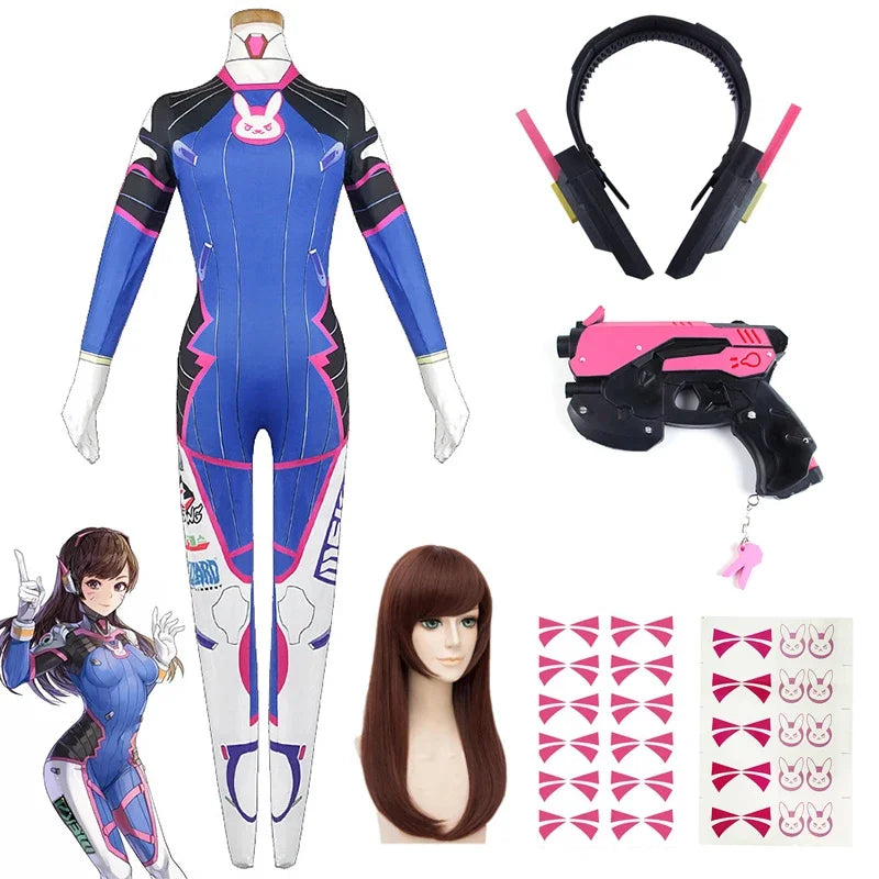 D.Va Cosplay Set | Jumpsuit · Wig · Headphones · Gun Props