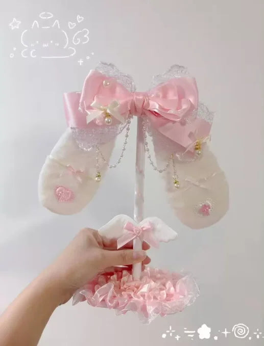 Angel Wings Headphone Stand | Pink Lace Bow · Kawaii Desktop Decoration · Gaming Headset Holder