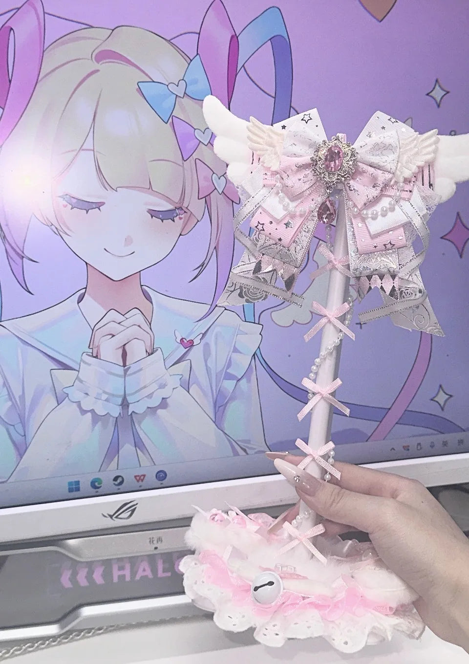 Angel Wings Headphone Stand | Pink Lace Bow · Kawaii Desktop Decoration · Gaming Headset Holder