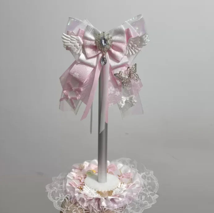 Angel Wings Headphone Stand | Pink Lace Bow · Kawaii Desktop Decoration · Gaming Headset Holder
