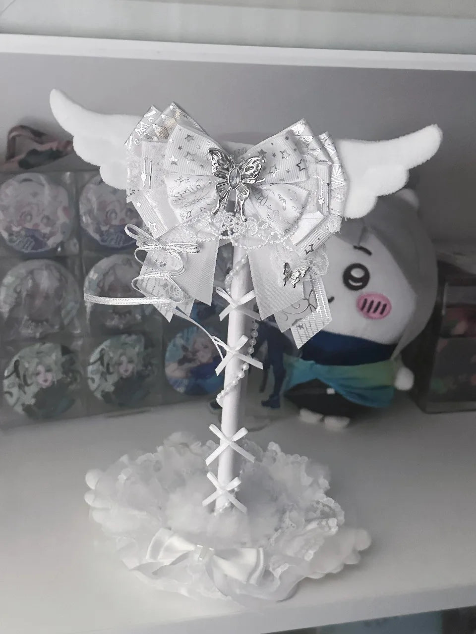 Angel Wings Headphone Stand | Pink Lace Bow · Kawaii Desktop Decoration · Gaming Headset Holder