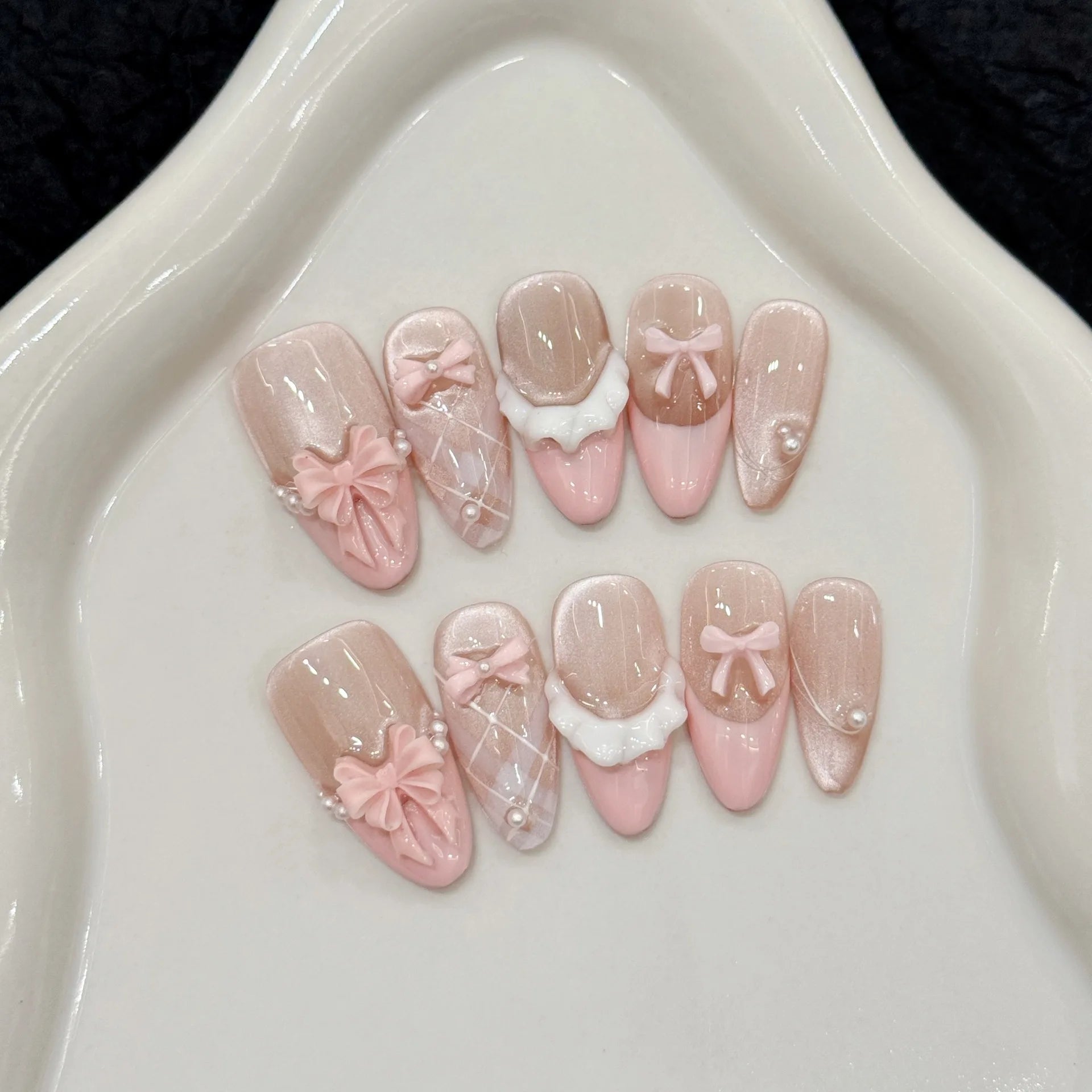 Handmade Press-On Nails | French Cat Eye · Pink Bow · Almond Tips