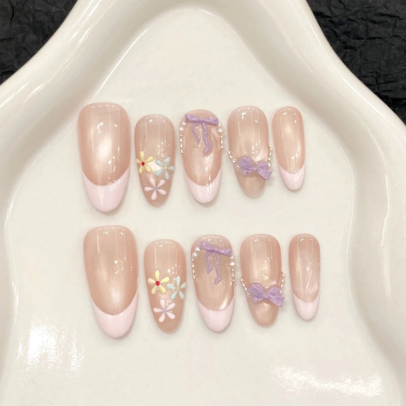 Handmade Press-On Nails | French Cat Eye · Pink Bow · Almond Tips