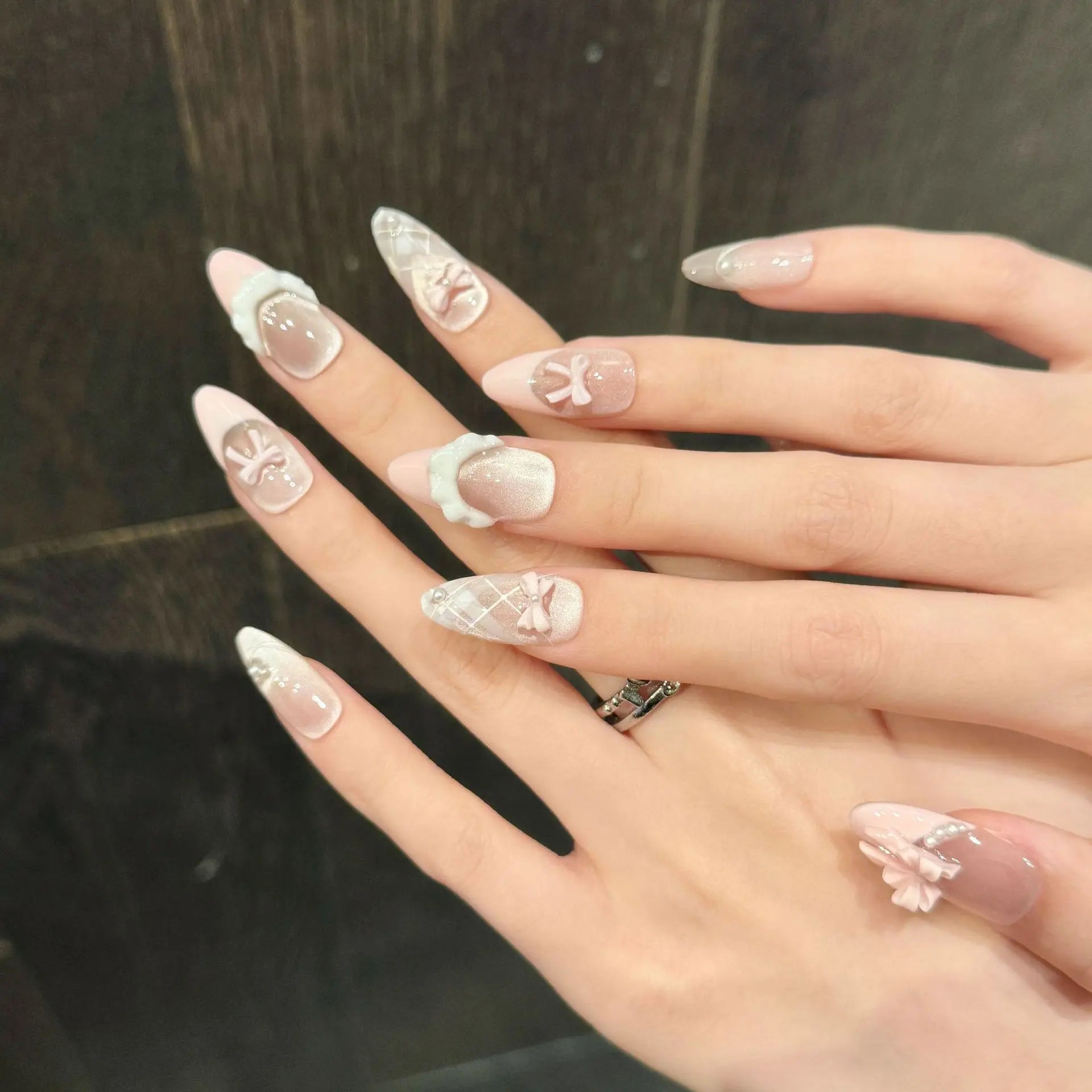 Handmade Press-On Nails | French Cat Eye · Pink Bow · Almond Tips