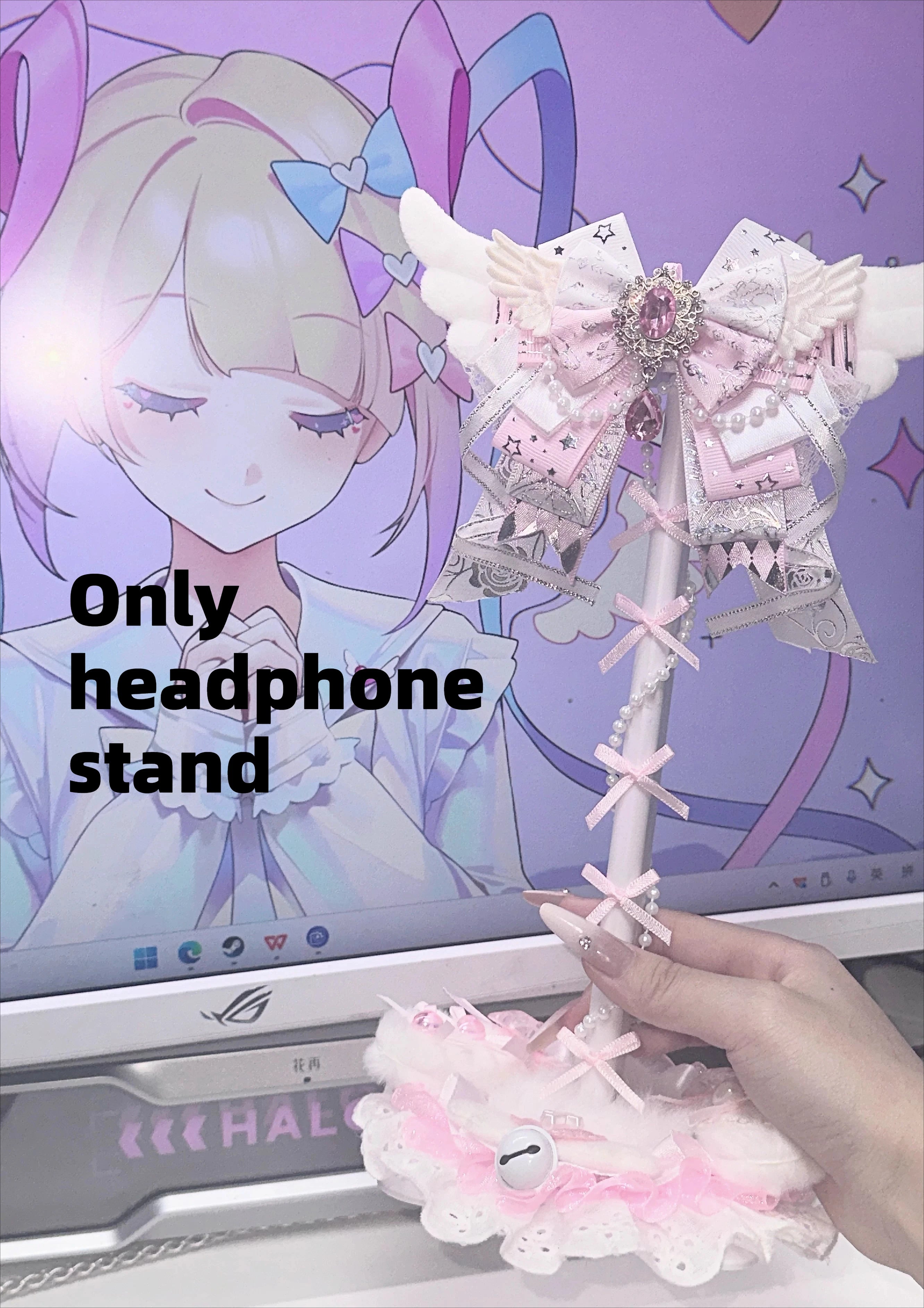 Angel Wings Headphone Stand | Pink Lace Bow · Kawaii Desktop Decoration · Gaming Headset Holder