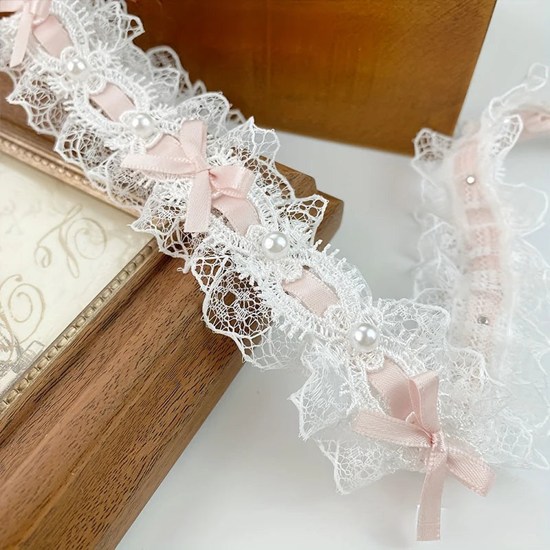 Pearl Bead Bow Ruffled Lace Ribbons